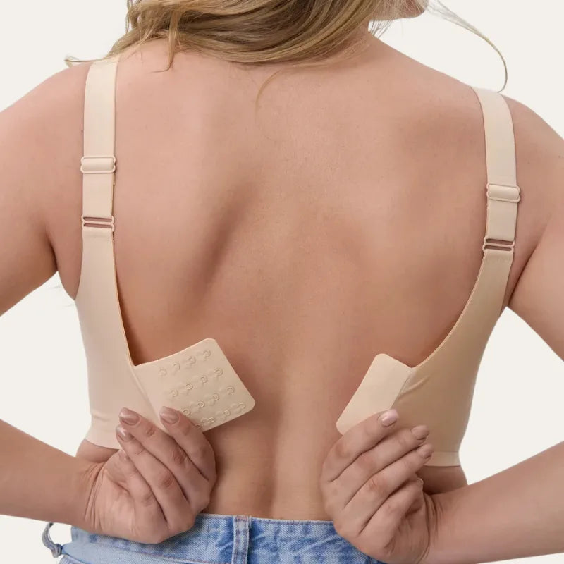 Costas do Soutien Sávia bege, com fecho de colchetes ajustável